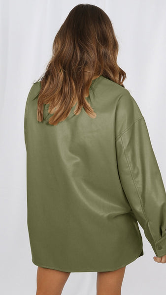 Faux Leather Oversized Shirt - Green