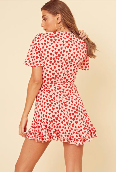 Influence Red Heart Print Wrap Frill Skirt Mini Dress