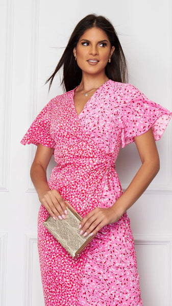 Esme Wrap Detail Midi Dress - Pink