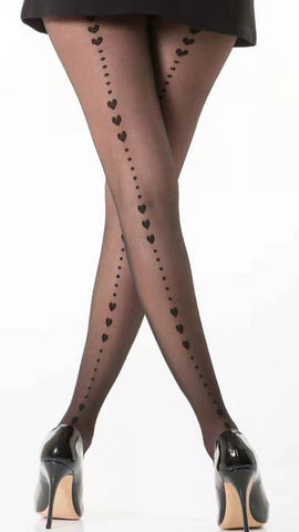 Sheer Tights with Heart Print Back Seam