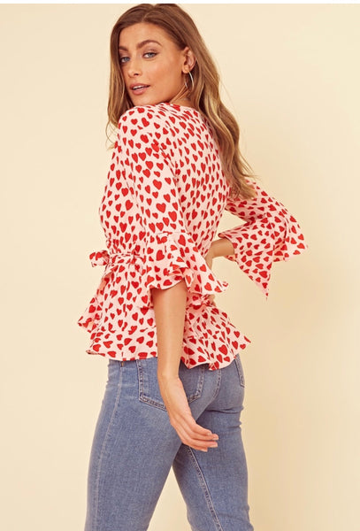 Influence Red Heart Print Flute Sleeve Wrap Blouse
