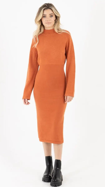 Orange High Neck Knit Midi Dress