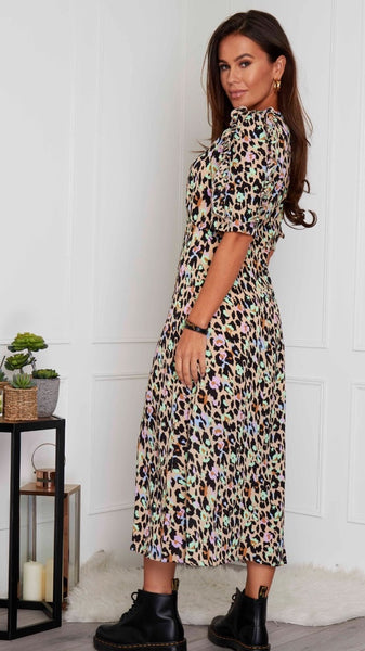 Adelyn Frill Sleeve Animal Print Midi Dress