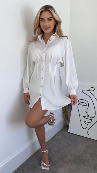 Maeve Pleated Waist Detail Shirt Dress White