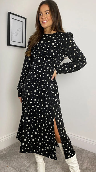 Cass Long Sleeves Split Leg Midi Dress Black Star Print