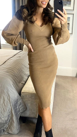 Beige Knitted Dress with Balloon Sleeves