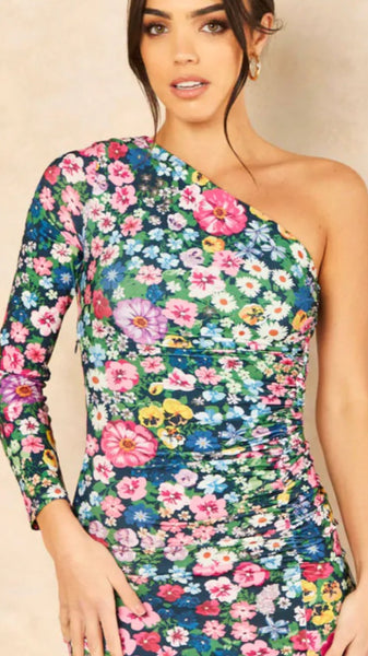 Floral One Shoulder Midi Dress with Side Slit