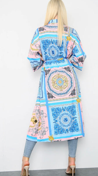 Lila Tie Waist Baroque Baby Blue Long Kimono Jacket