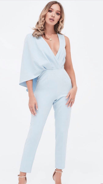Lavish Alice One Shoulder Caped Tailored Jumpsuit in Dusty Blue