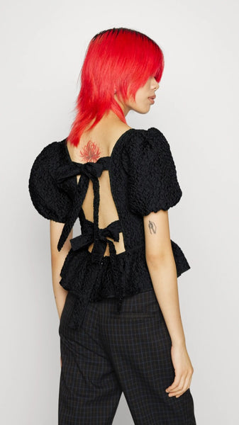 Black Textured Puff Sleeve Peplum Top with Bow Back