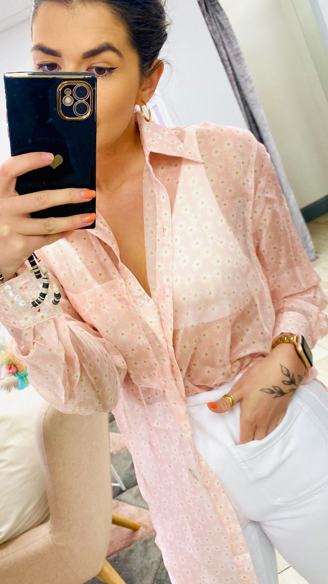 Sheer Oversized Ditsy Pink Blouse