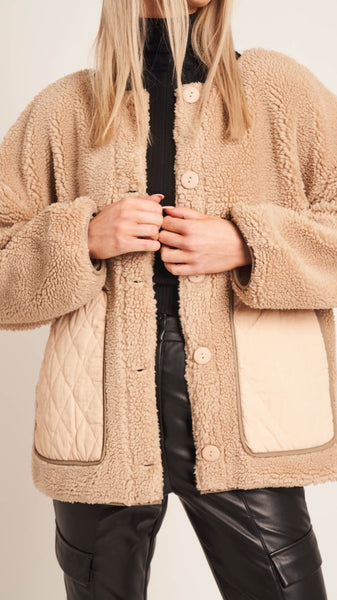 Relaxed Fit Collarless Jacket In Sherpa