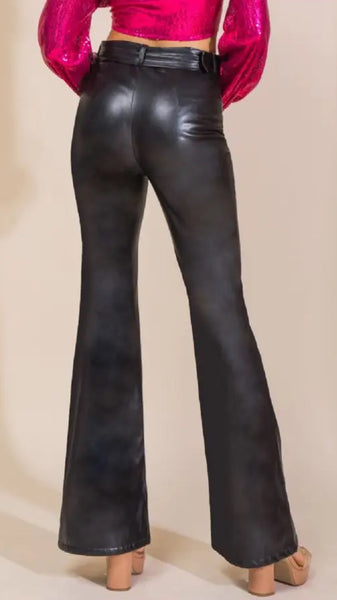 Black Faux Leather Bell Bottom Trousers
