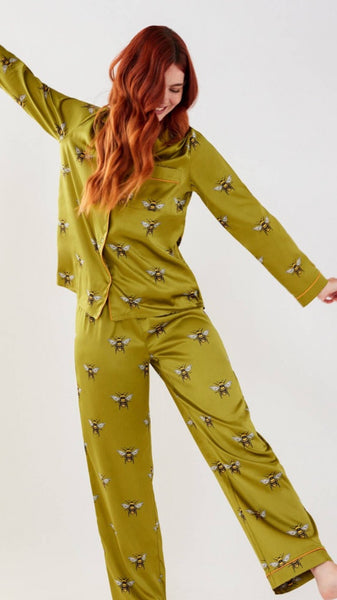 Chelsea Peers Olive Bee Satin Button Up Long Pyjama Set