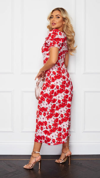 Lillian Sweetheart Red/Pink Midi Floral Dress