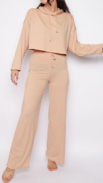Hoodie & Wide Leg Trousers Ribbed Co-Ord Lounge Set -Beige