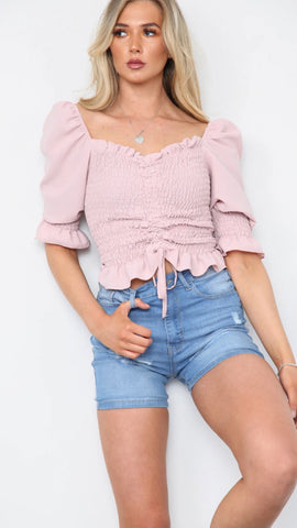 Gathered Front Puff Sleeve Ruched Top - Pink
