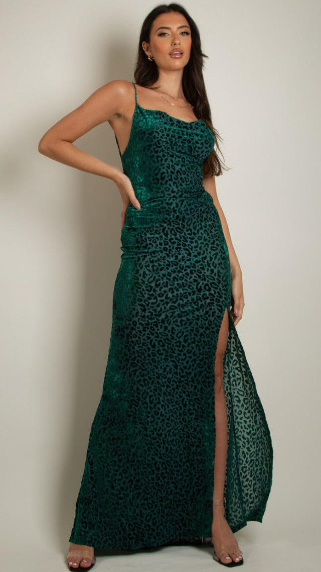 Green Velvet Animal Print Maxi Dress