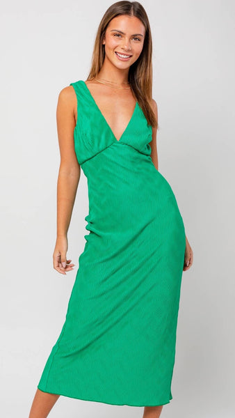 Green Textured V Neck Midi Dress