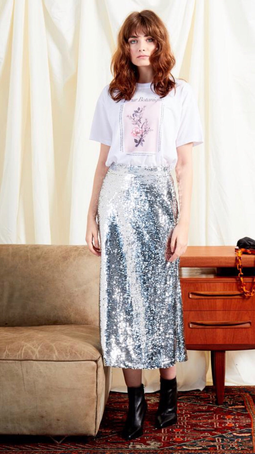 Neon Rose Sequin Midi Skirt