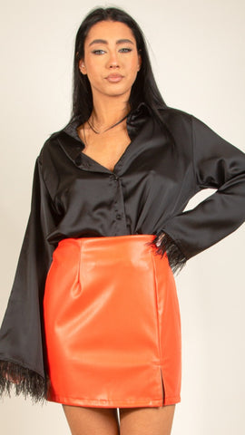Black Satin Blouse with Ostrich Feather Cuff