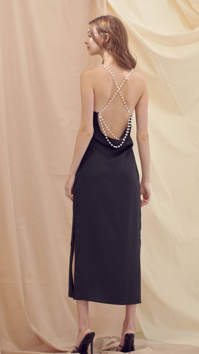 Pearl Accent Straps Black Midi Dress