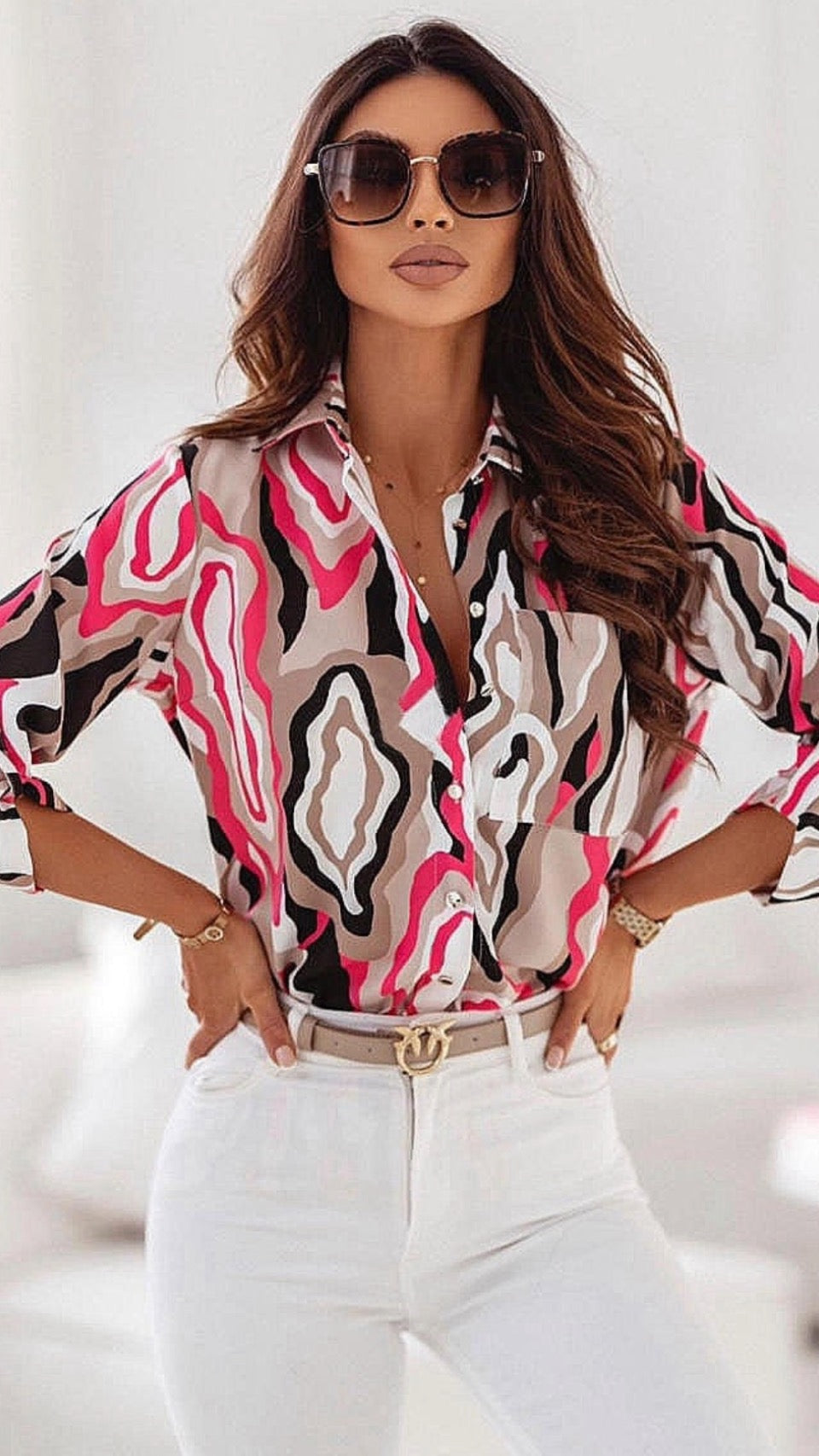 Pink and Black Abstract Print Button Sleeve Shirt