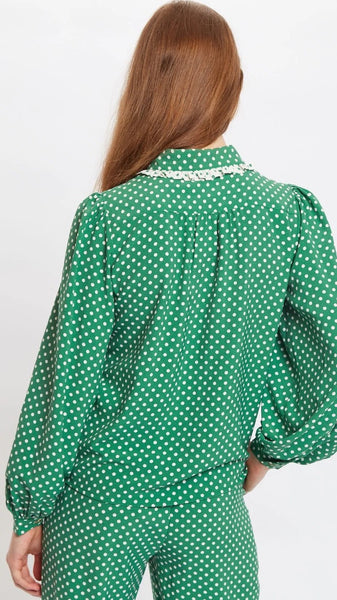 Ettie Polka Dot Print Long Sleeve Blouse -Green