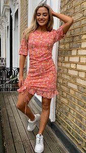 Lilou Ruched Detail Skirt Mini Dress Orange Floral