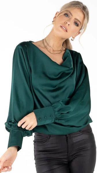 Lula Cowl Neck Satin Blouse - Emerald