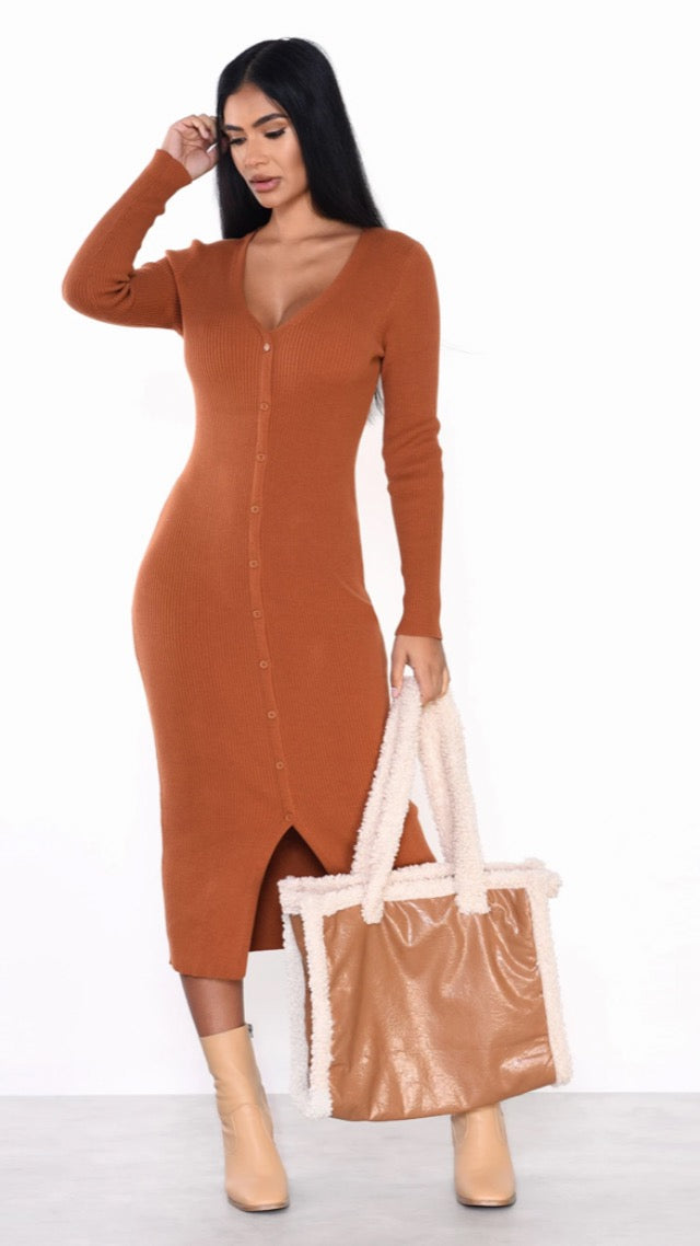 Ribbed Knit Button Dress - Rust
