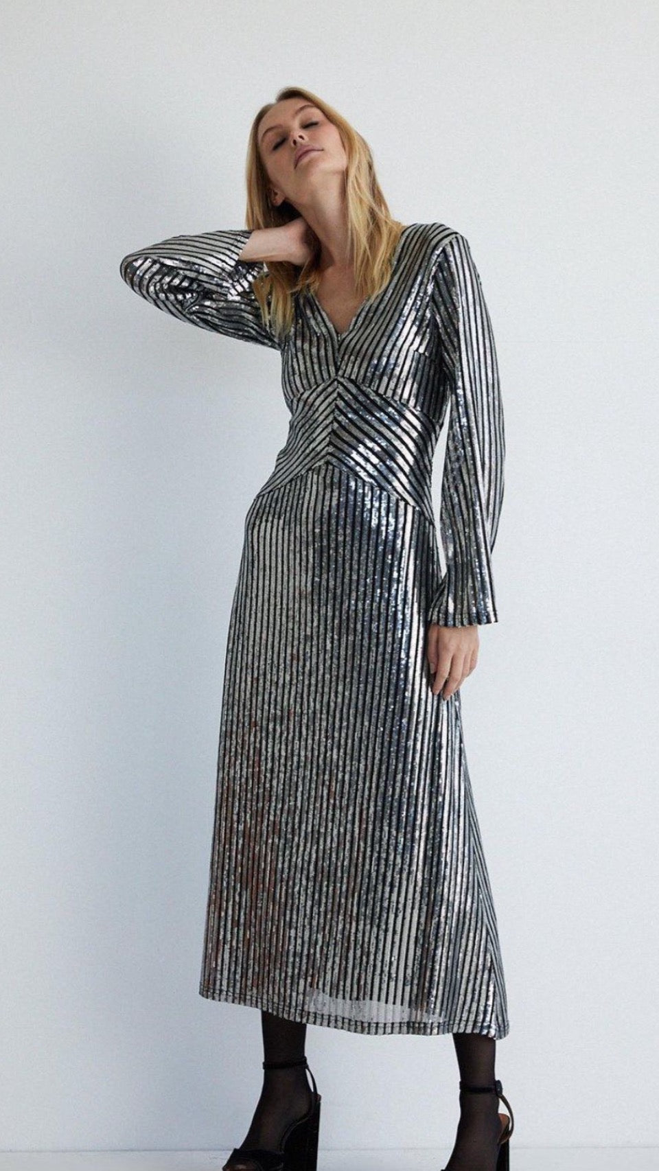 Silver Sequin Long Sleeve Midi Dress