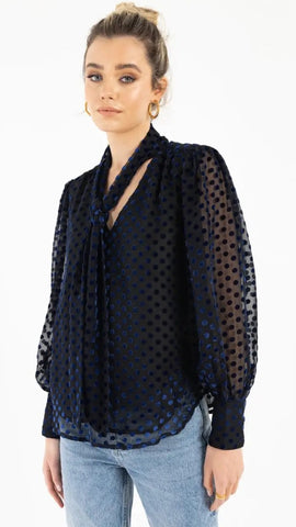 Sheer Pussybow Blouse with Velvet Polkadots - Navy