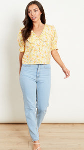 Yellow Peplum Cotton Blouse With Oversized Collar