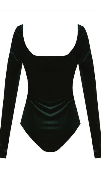 Velvet Square Neck Long Sleeve Bodysuit - Emerald
