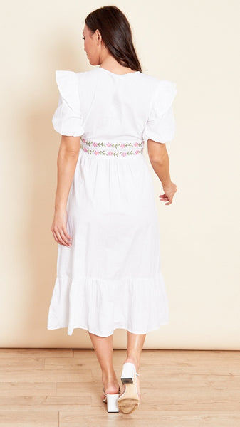 Cotton Poplin Midi Dress With Floral Embroidery