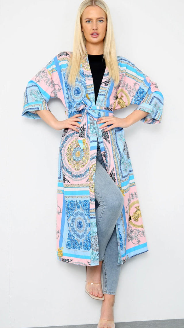 Lila Tie Waist Baroque Baby Blue Long Kimono Jacket