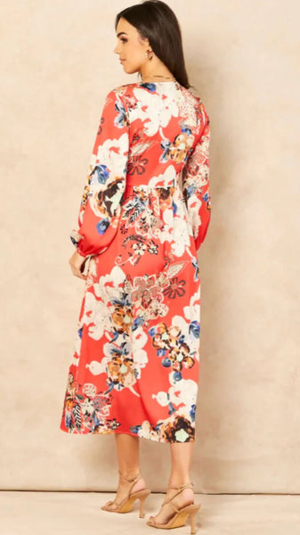 Coral Wrap Style Long Sleeve Midi Dress
