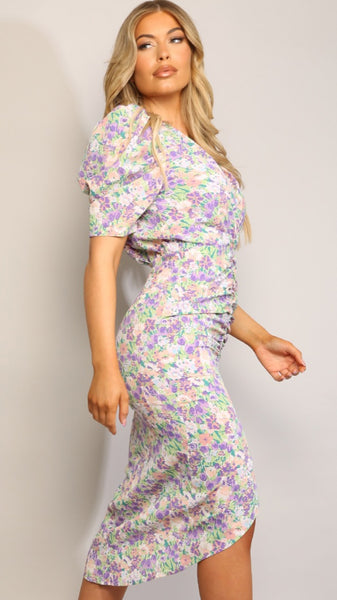 Stace Ruched Front Floral Midi Dress