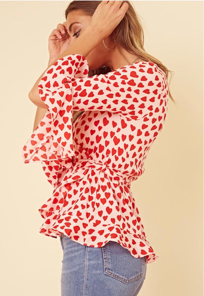 Influence Red Heart Print Flute Sleeve Wrap Blouse