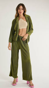 Green Textured Button Down Shirt and Trousers Set