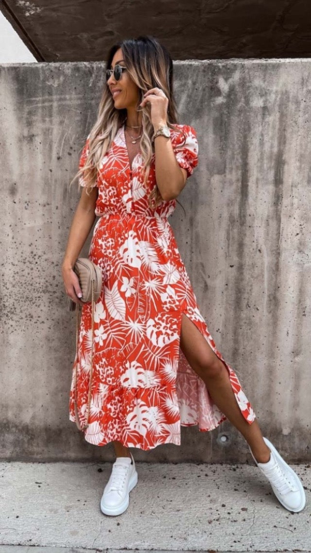 Red Short Sleeve Floral Print Midaxi Dress
