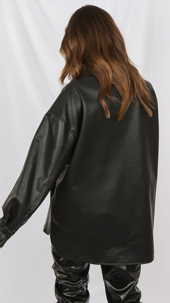 Faux Leather Oversized Shirt - Black