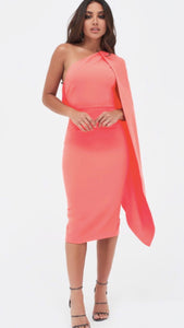 Lavish Alice Coral One Shoulder Caped Midi Dress